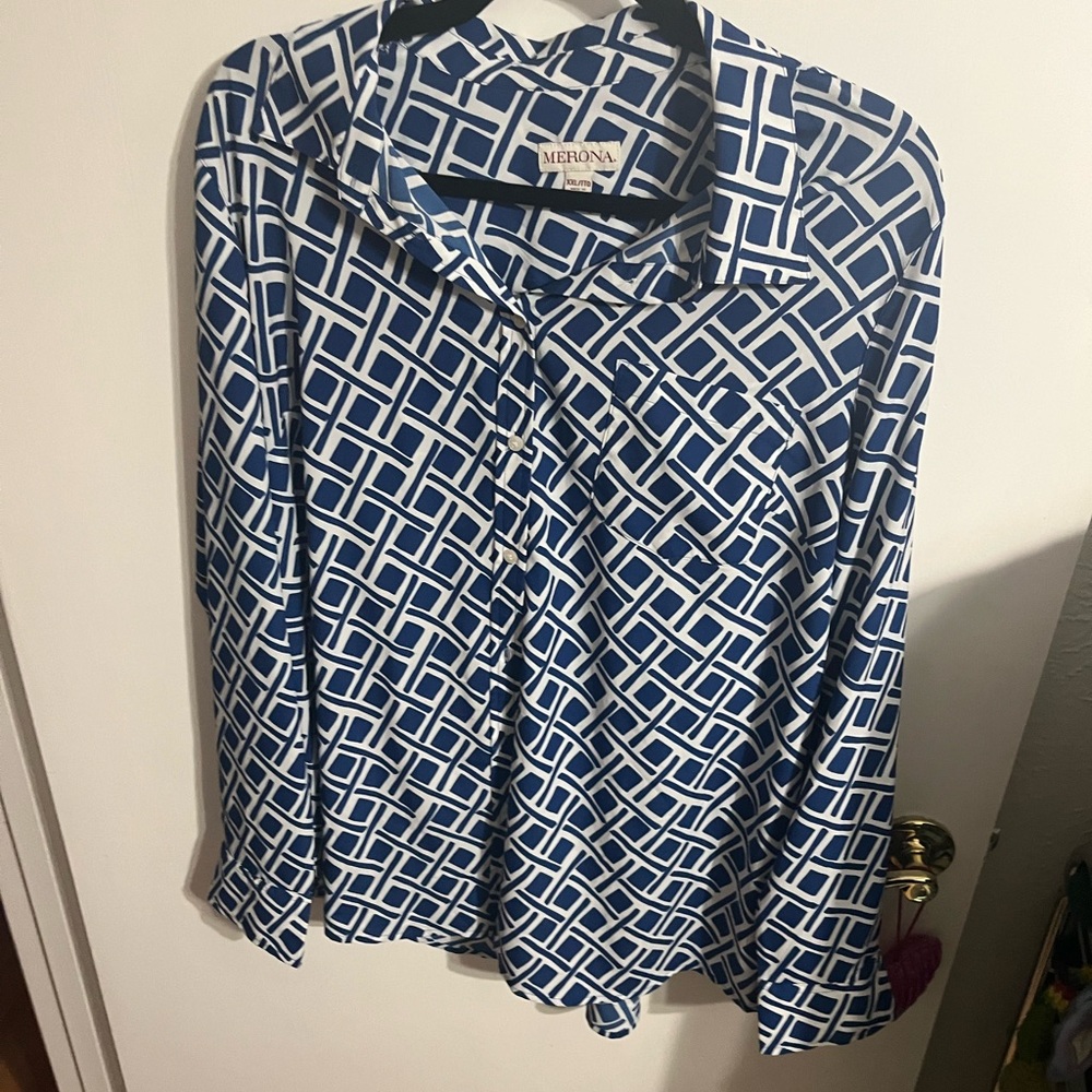 ❤️ XXL Merona Blue Geometric Print Women's Button Down Top - Picture 5 of 10
